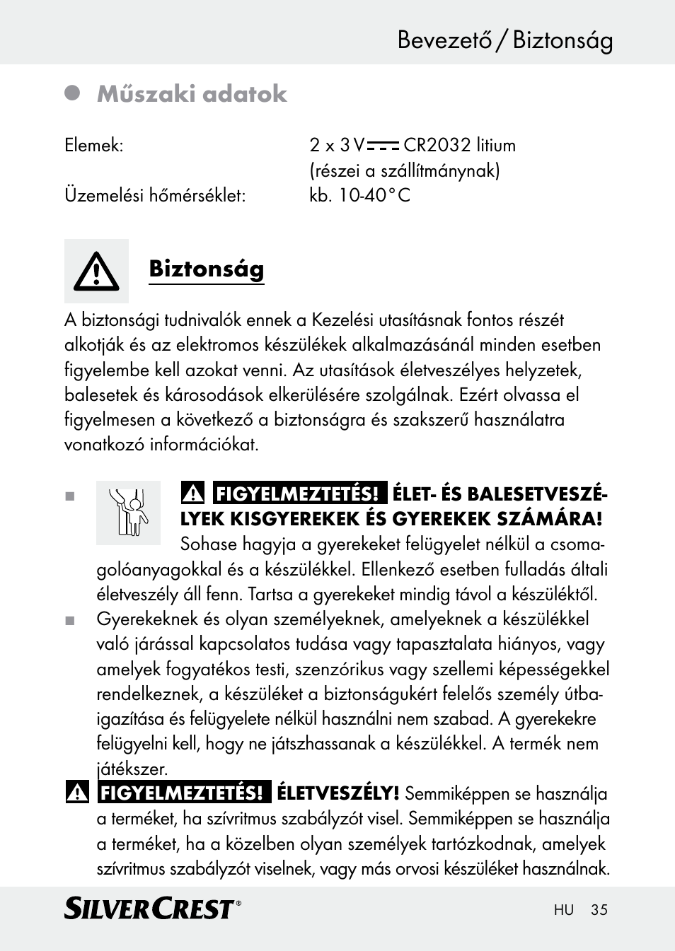 Bevezető / biztonság, Műszaki adatok, Biztonság | Silvercrest Z30509 User Manual | Page 35 / 85