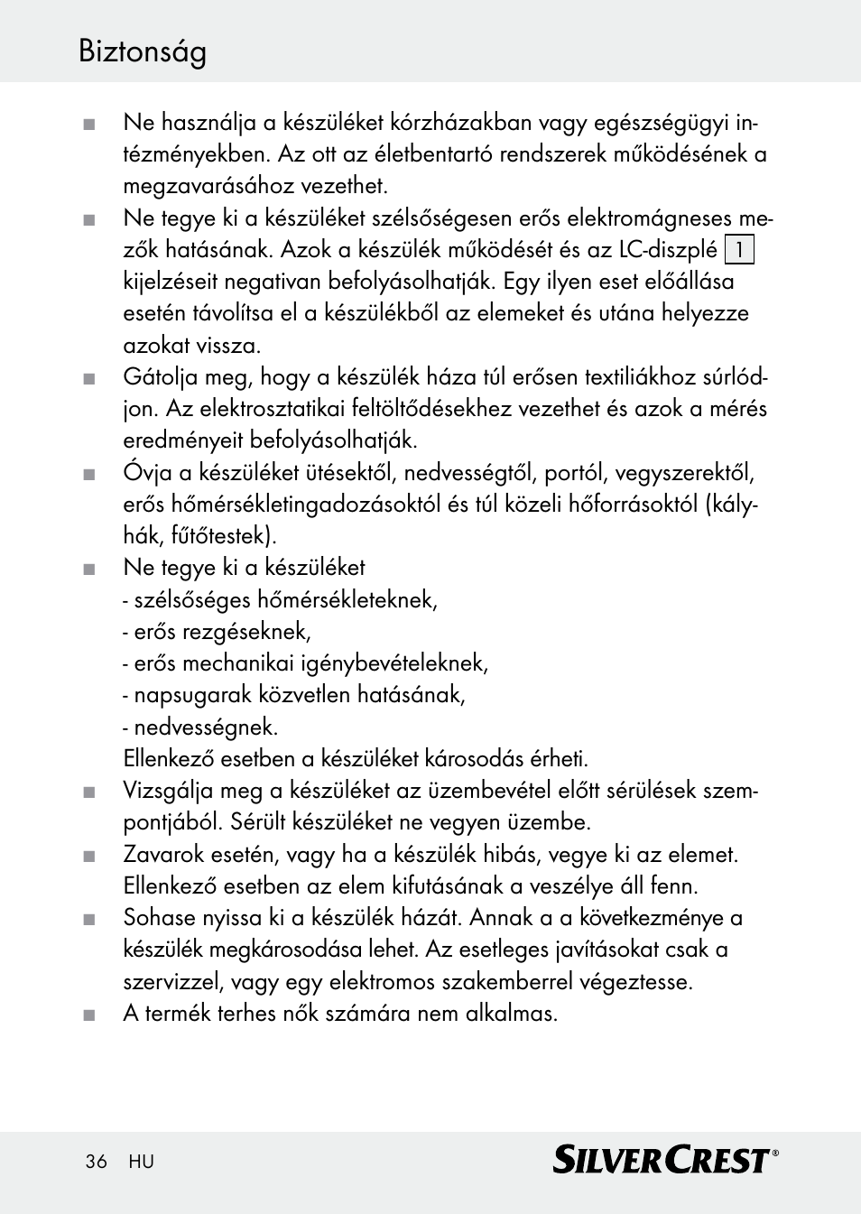Biztonság | Silvercrest Z30509 User Manual | Page 36 / 85