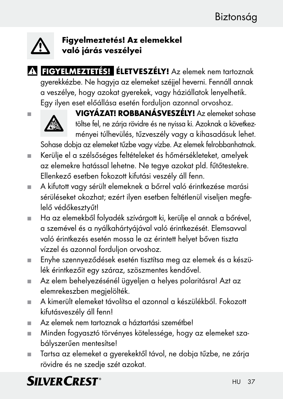 Biztonság | Silvercrest Z30509 User Manual | Page 37 / 85