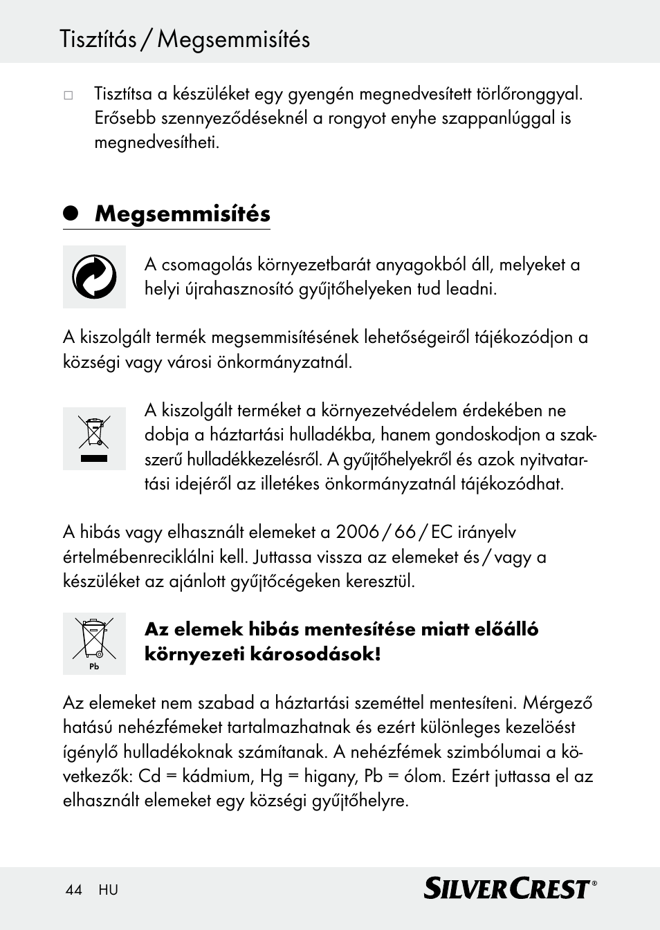 Tisztítás / megsemmisítés, Megsemmisítés | Silvercrest Z30509 User Manual | Page 44 / 85