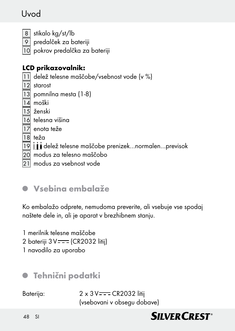 Uvod, Vsebina embalaže, Tehnični podatki | Silvercrest Z30509 User Manual | Page 48 / 85