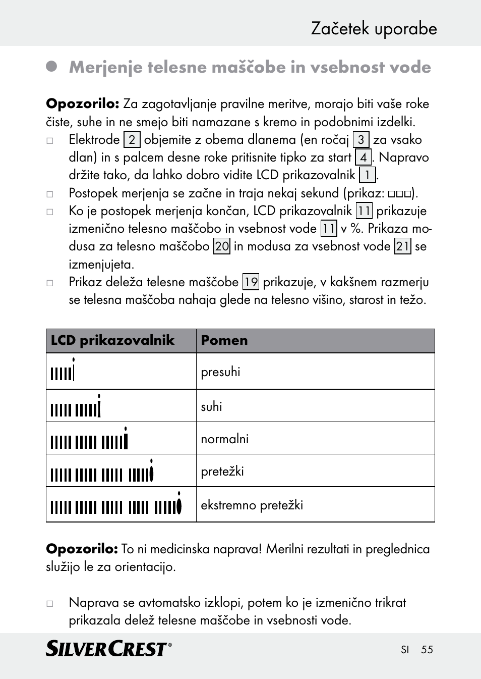 Začetek uporabe, Merjenje telesne maščobe in vsebnost vode | Silvercrest Z30509 User Manual | Page 55 / 85