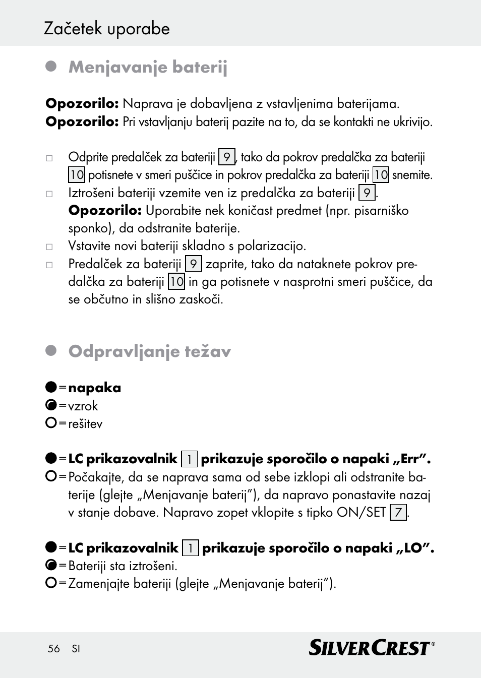Začetek uporabe, Menjavanje baterij, Odpravljanje težav | Silvercrest Z30509 User Manual | Page 56 / 85