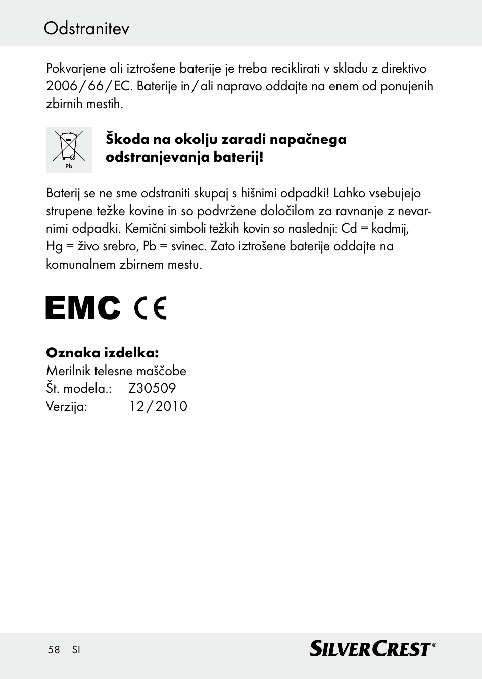Odstranitev | Silvercrest Z30509 User Manual | Page 58 / 85