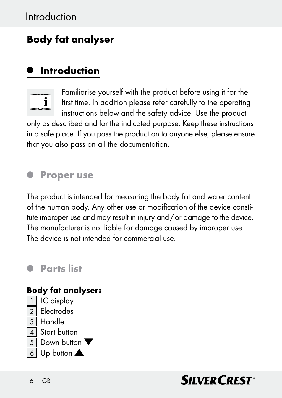Introduction, Body fat analyser, Proper use | Parts list | Silvercrest Z30509 User Manual | Page 6 / 85