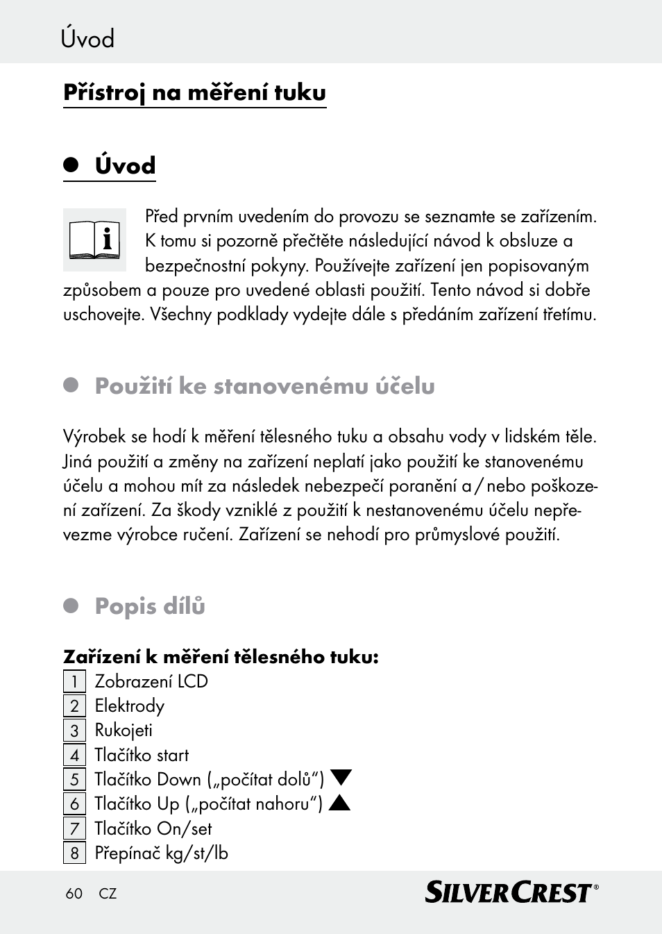 Úvod, Přístroj na měření tuku, Použití ke stanovenému účelu | Popis dílů | Silvercrest Z30509 User Manual | Page 60 / 85