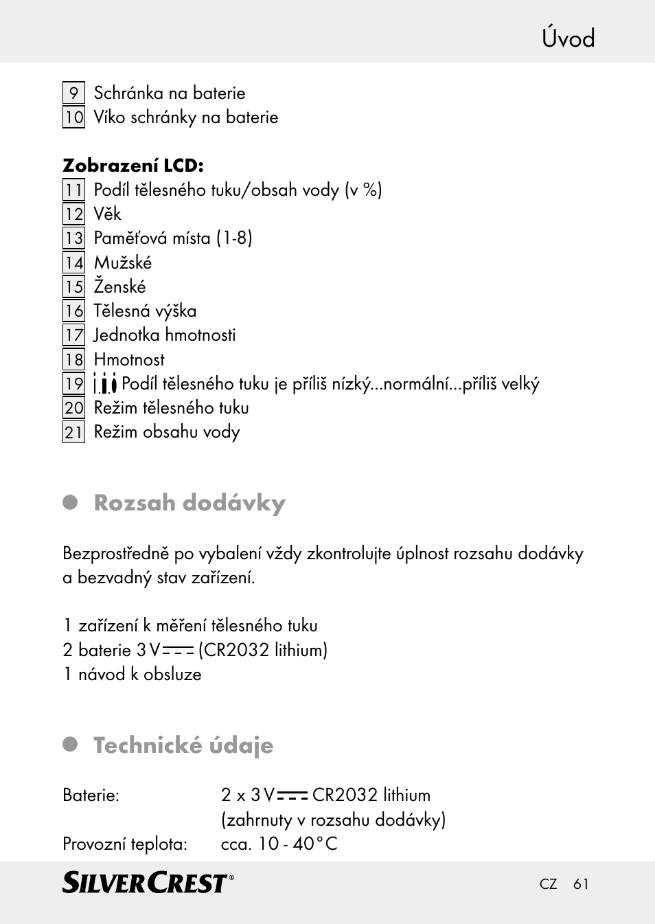 Úvod, Rozsah dodávky, Technické údaje | Silvercrest Z30509 User Manual | Page 61 / 85