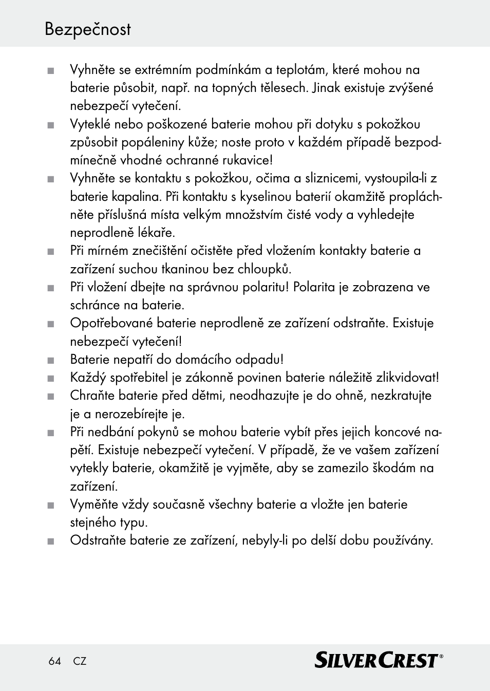 Bezpečnost | Silvercrest Z30509 User Manual | Page 64 / 85