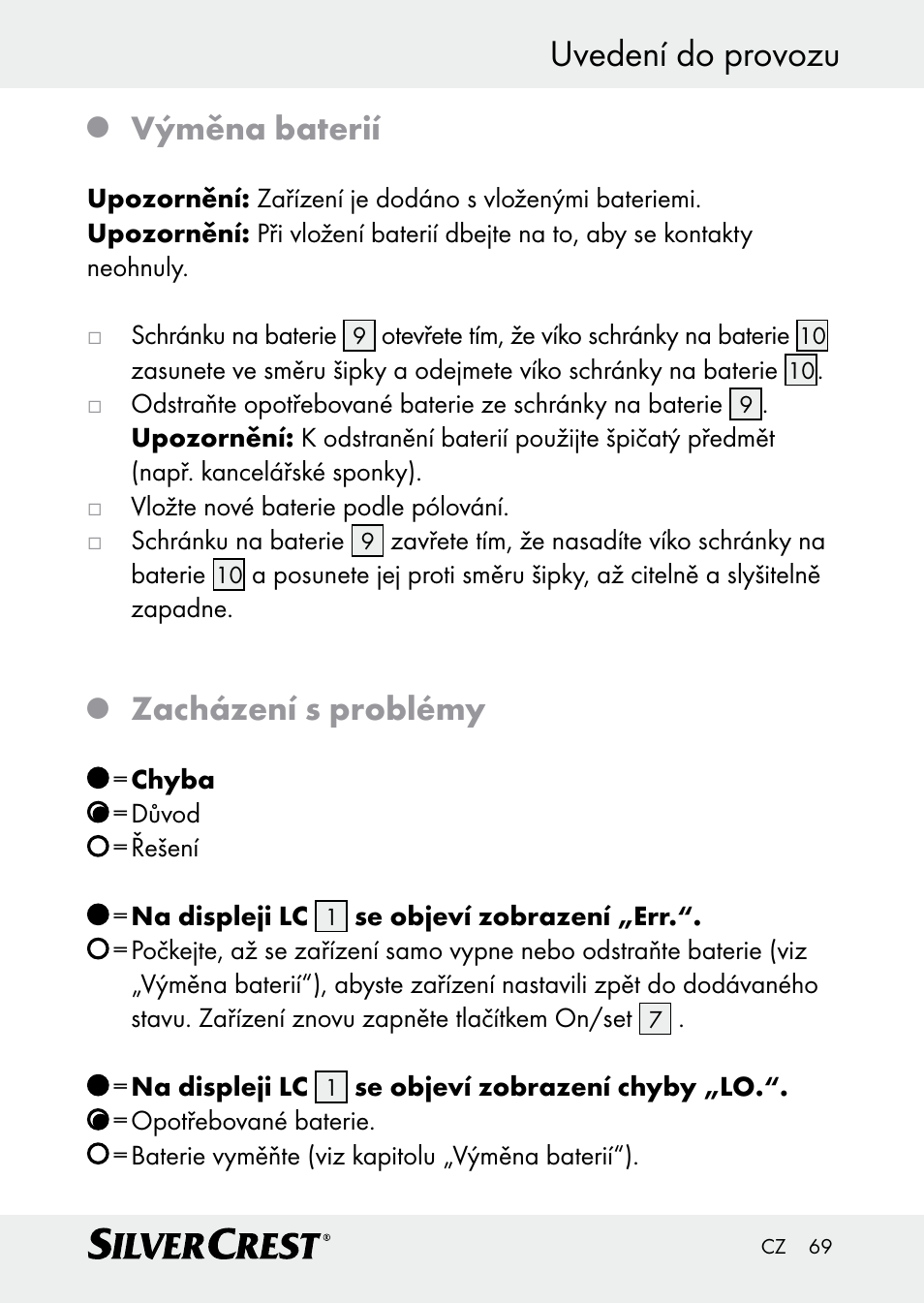 Uvedení do provozu, Výměna baterií, Zacházení s problémy | Silvercrest Z30509 User Manual | Page 69 / 85