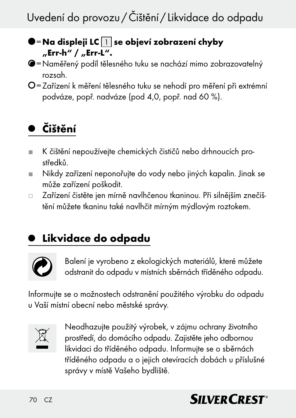 Uvedení do provozu / čištění / likvidace do odpadu, Čištění, Likvidace do odpadu | Silvercrest Z30509 User Manual | Page 70 / 85