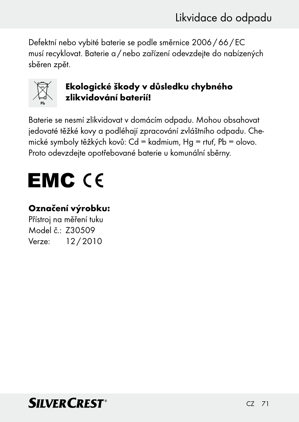 Likvidace do odpadu | Silvercrest Z30509 User Manual | Page 71 / 85