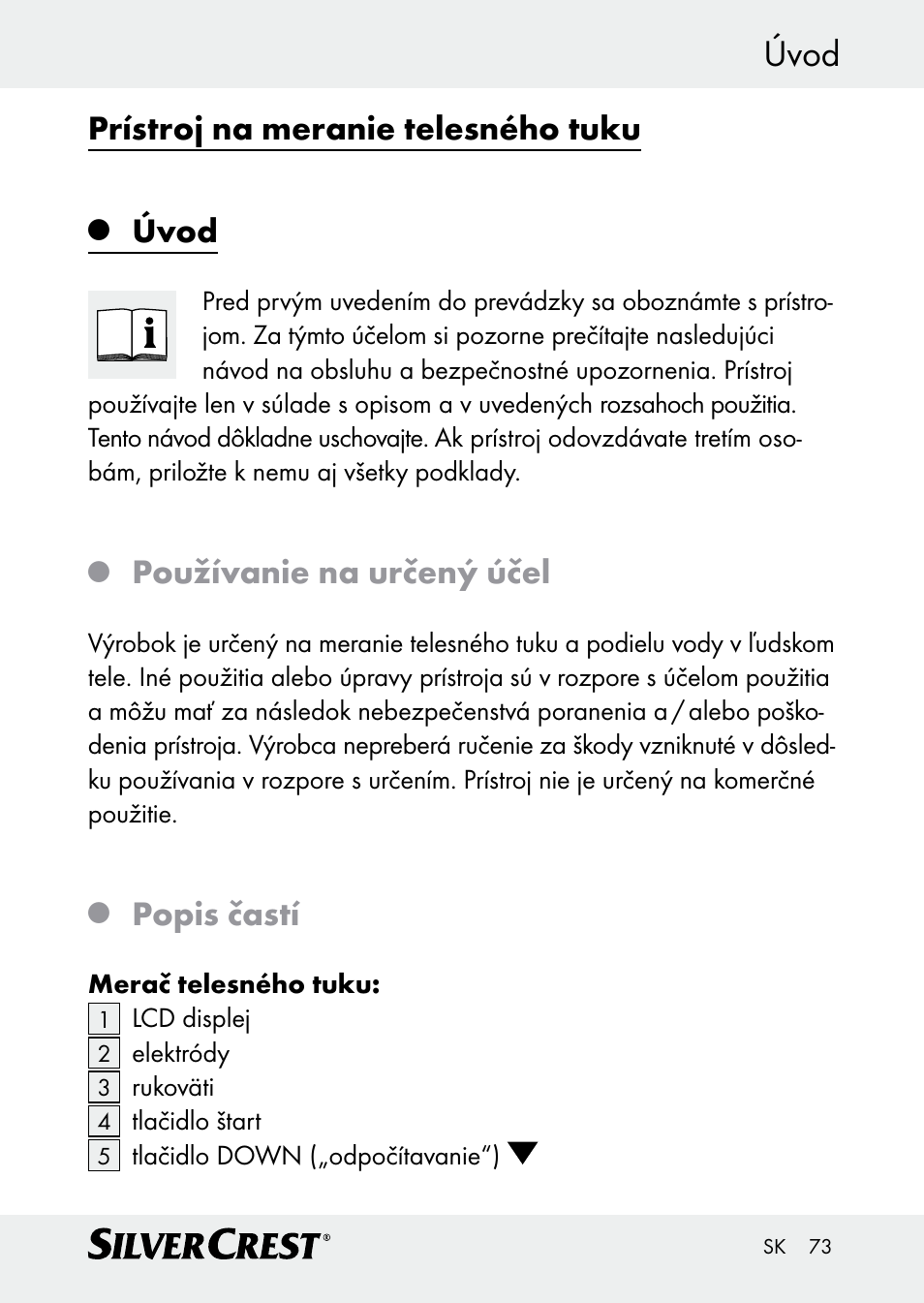 Úvod, Prístroj na meranie telesného tuku, Používanie na určený účel | Popis častí | Silvercrest Z30509 User Manual | Page 73 / 85