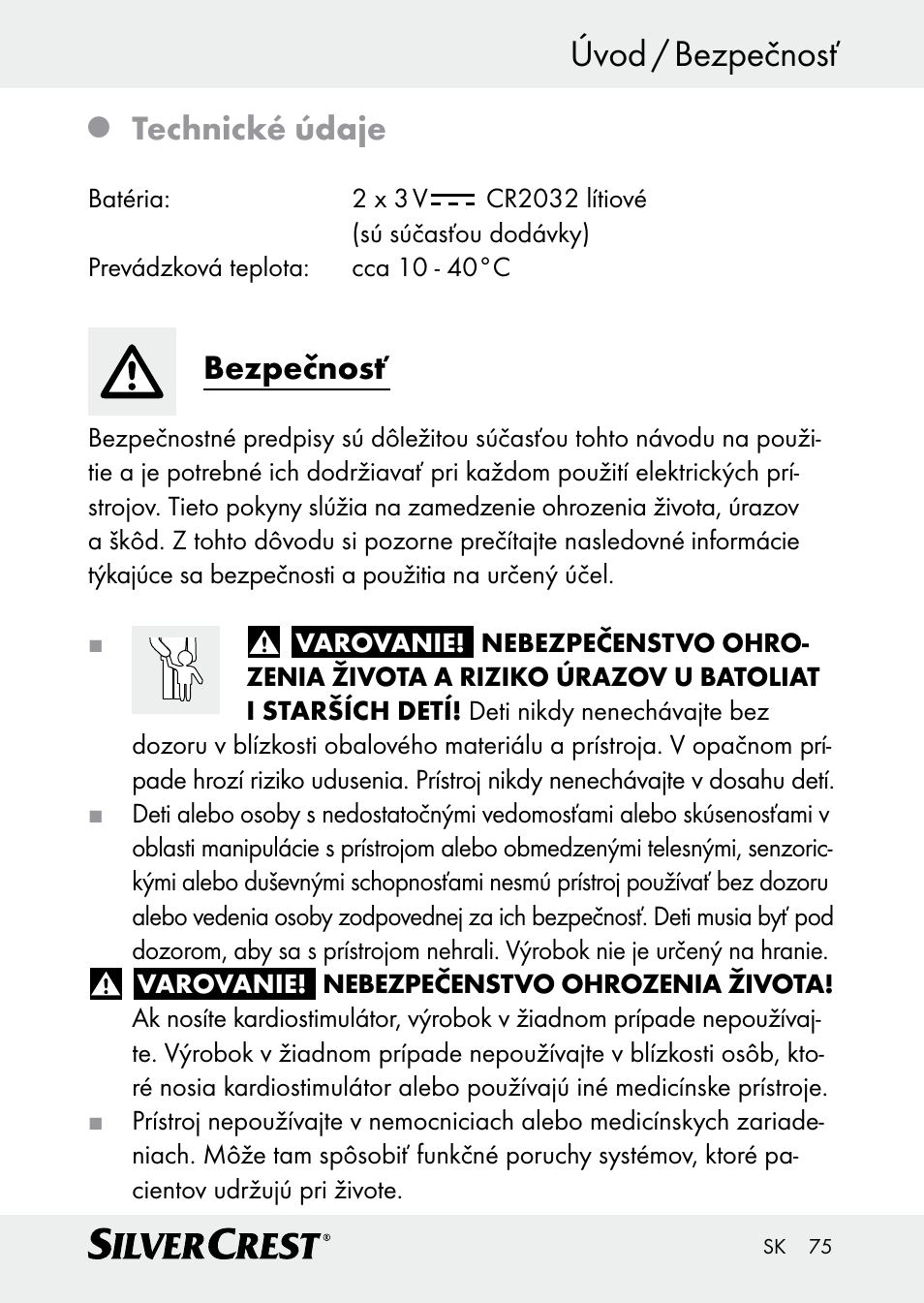 Úvod / bezpečnosť, Technické údaje, Bezpečnosť | Silvercrest Z30509 User Manual | Page 75 / 85