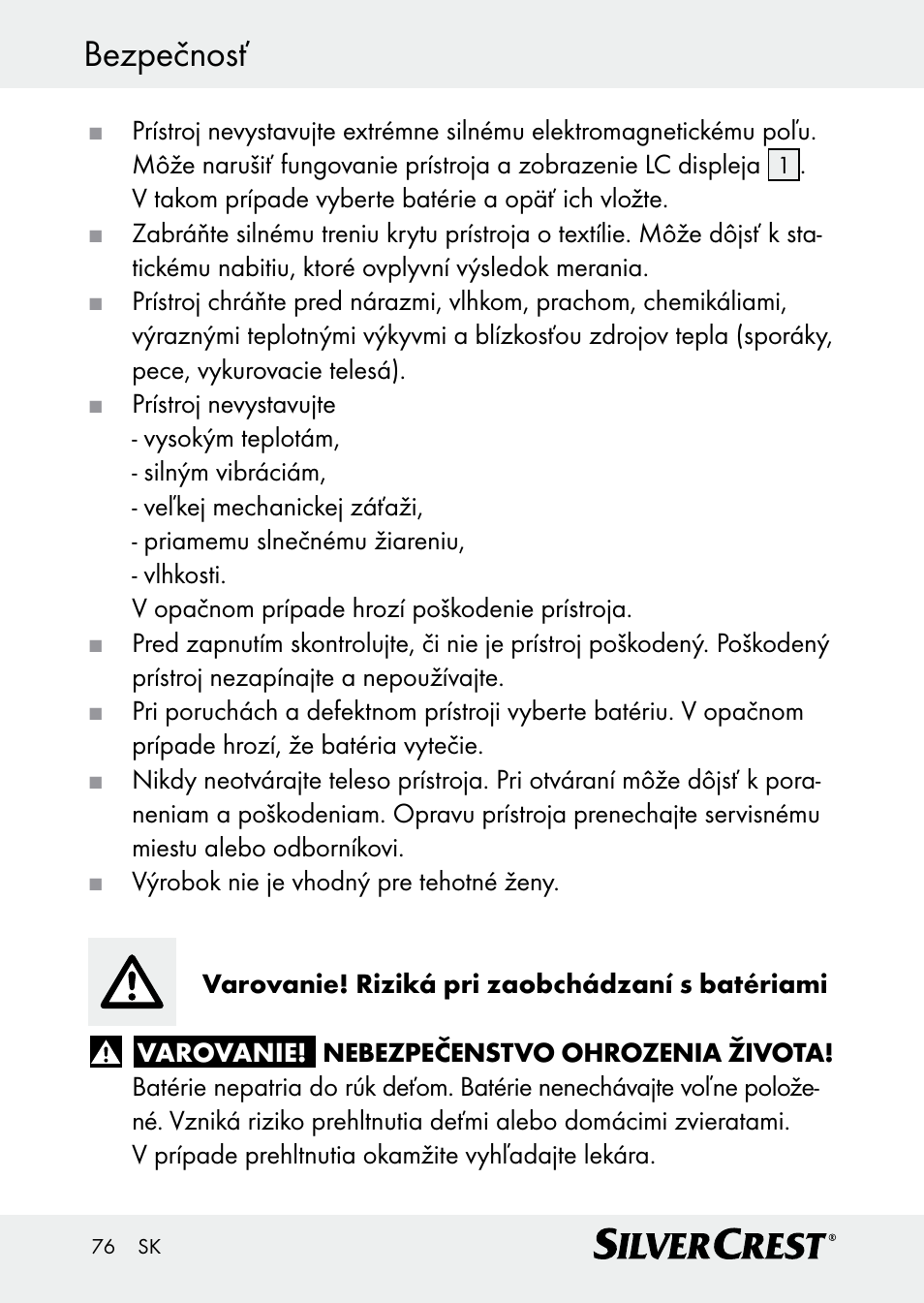 Bezpečnosť | Silvercrest Z30509 User Manual | Page 76 / 85