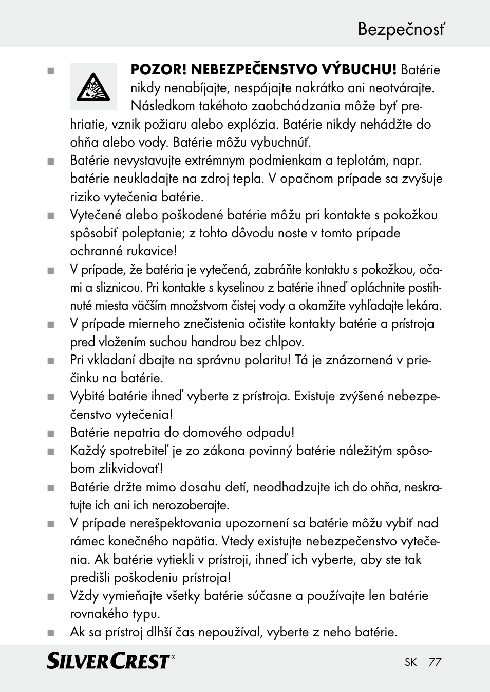 Bezpečnosť | Silvercrest Z30509 User Manual | Page 77 / 85