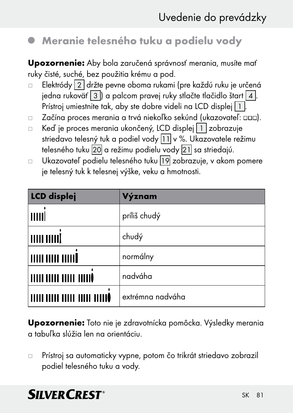 Uvedenie do prevádzky, Meranie telesného tuku a podielu vody | Silvercrest Z30509 User Manual | Page 81 / 85