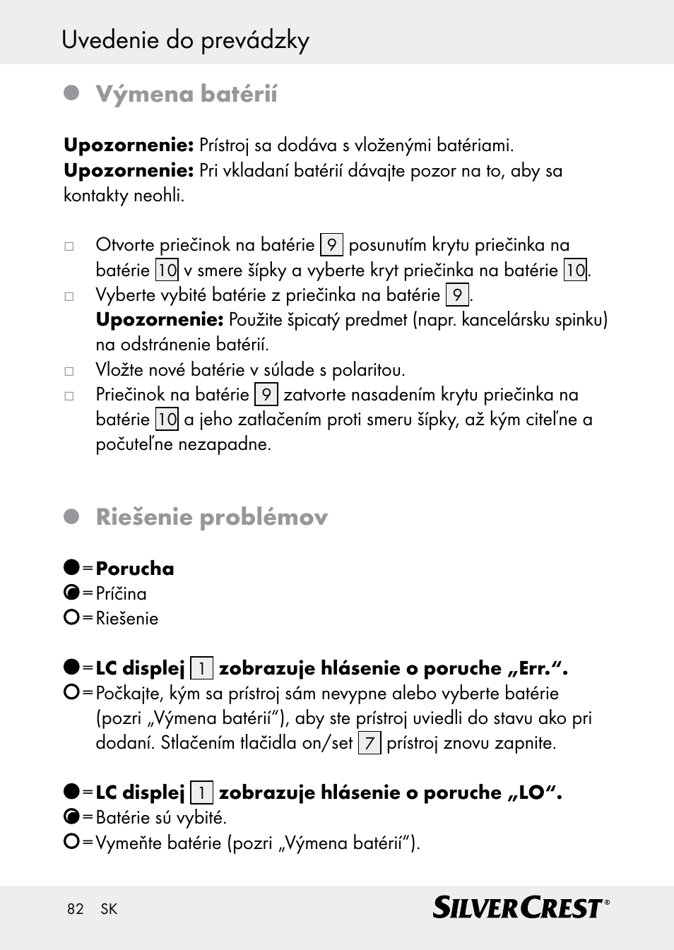 Uvedenie do prevádzky, Výmena batérií, Riešenie problémov | Silvercrest Z30509 User Manual | Page 82 / 85