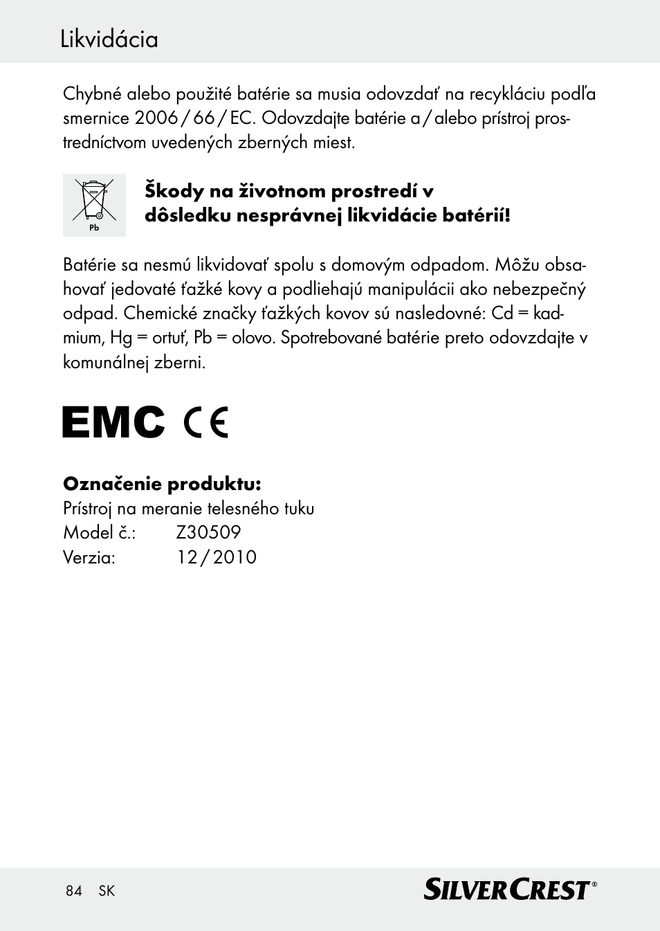 Likvidácia | Silvercrest Z30509 User Manual | Page 84 / 85