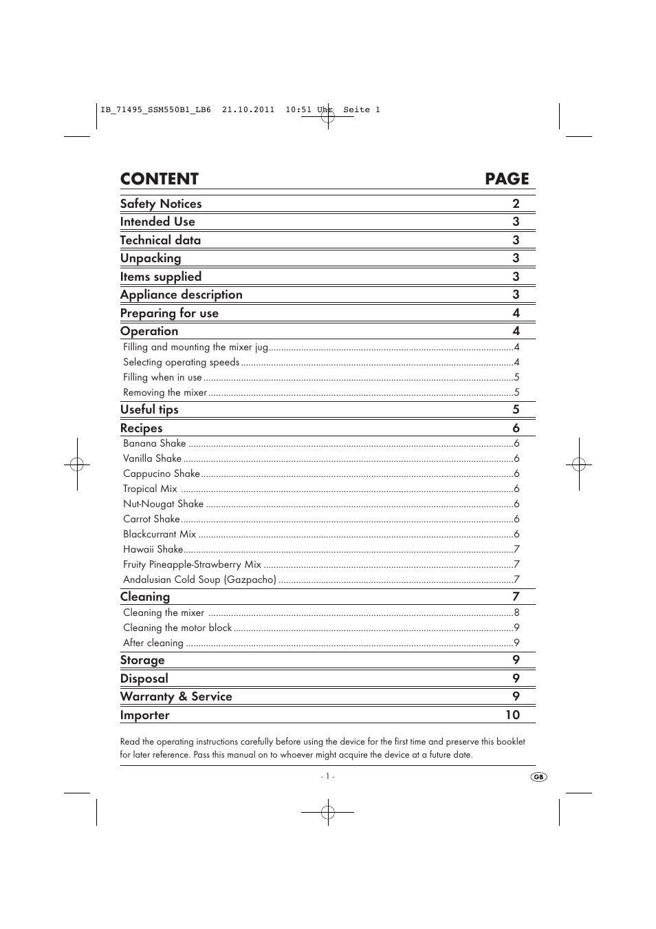 Content page | Silvercrest SSM 550 B1 User Manual | Page 3 / 22