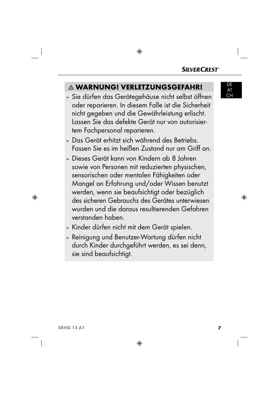 Warnung! verletzungsgefahr, Kinder dürfen nicht mit dem gerät spielen | Silvercrest SRHG 15 A1 User Manual | Page 10 / 64