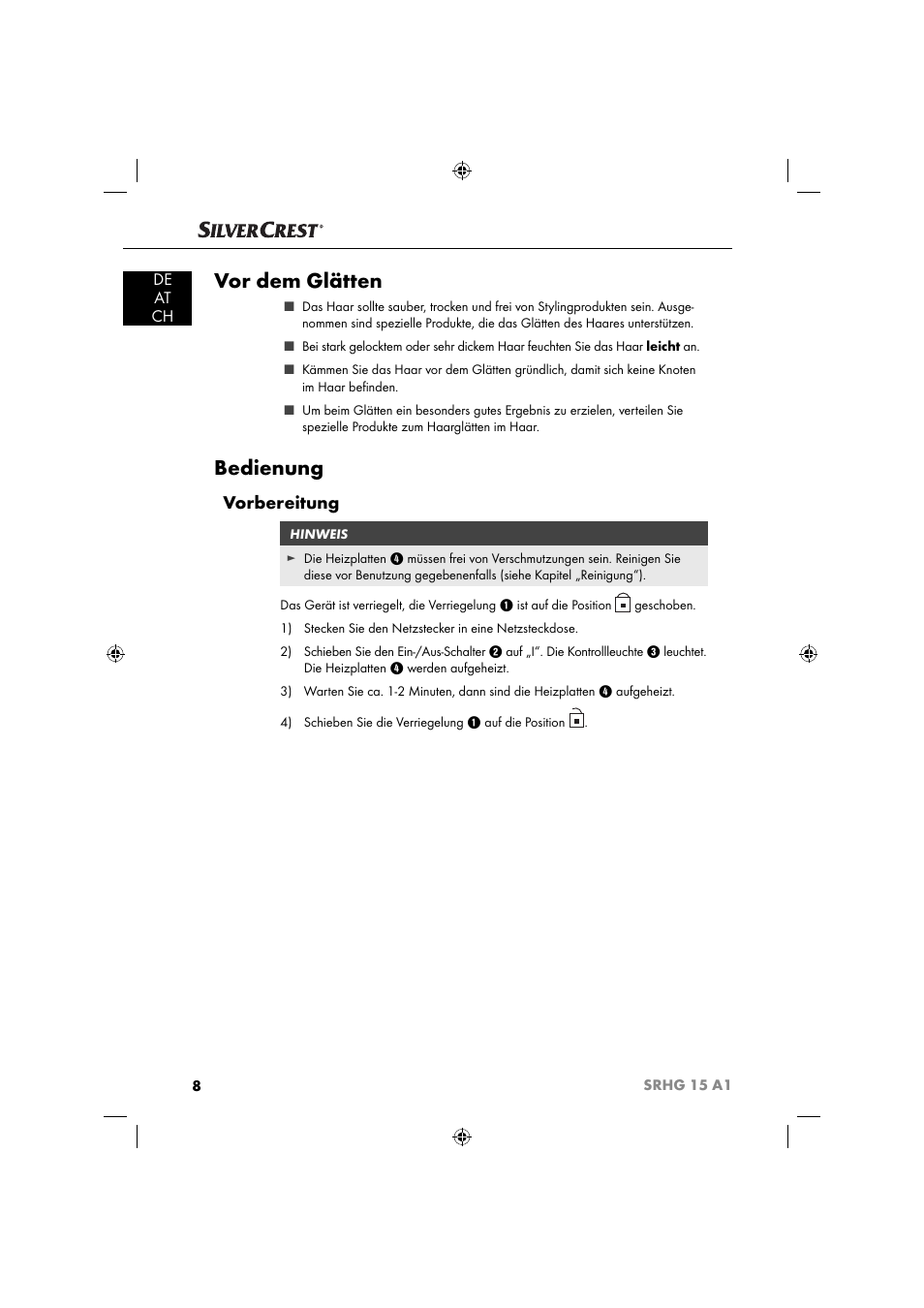 Vor dem glätten, Bedienung, Vorbereitung | De at ch | Silvercrest SRHG 15 A1 User Manual | Page 11 / 64