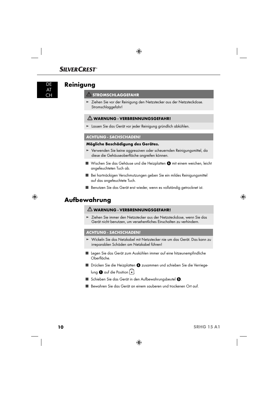 Reinigung, Aufbewahrung, De at ch | Silvercrest SRHG 15 A1 User Manual | Page 13 / 64