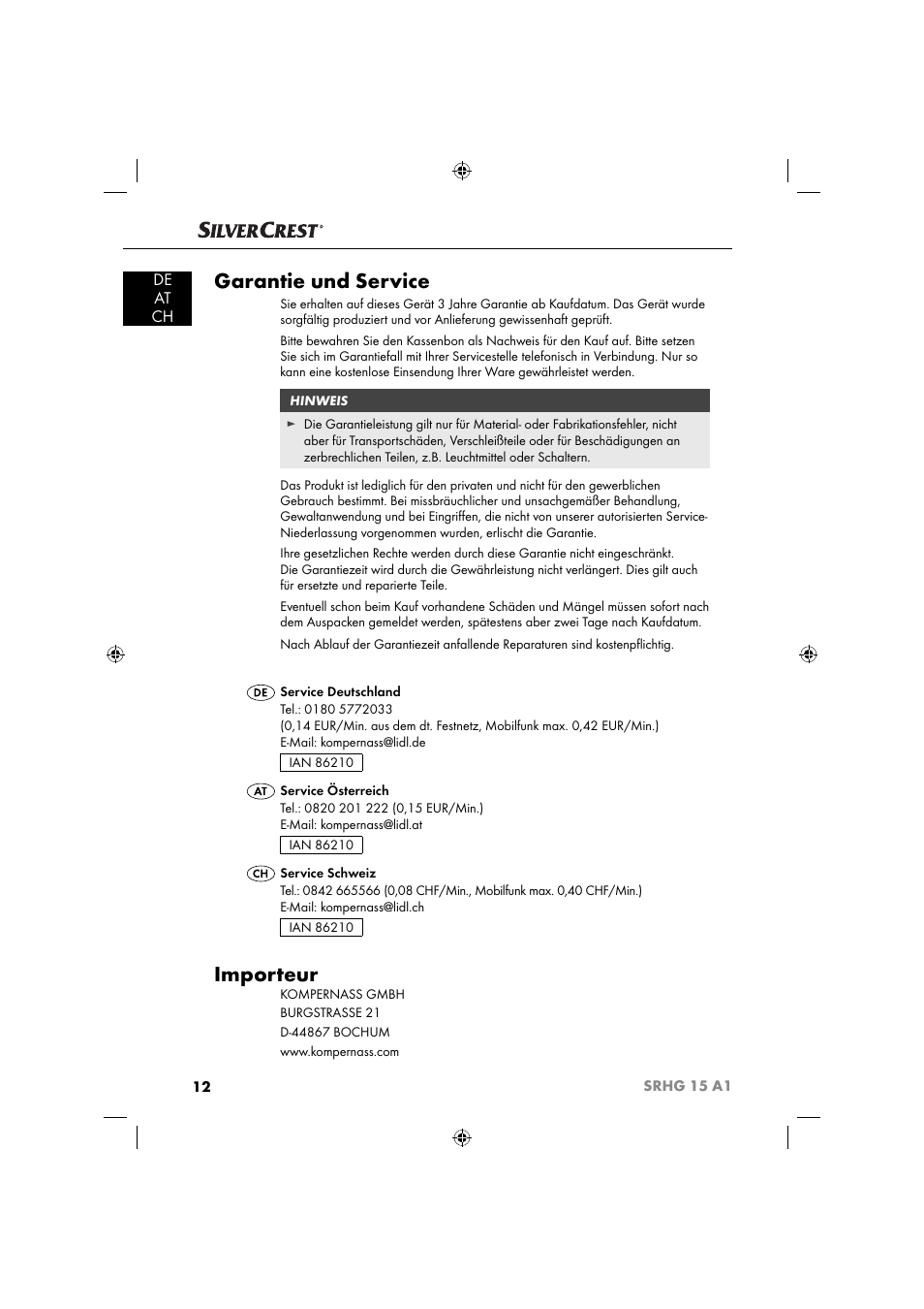 Garantie und service, Importeur, De at ch | Silvercrest SRHG 15 A1 User Manual | Page 15 / 64