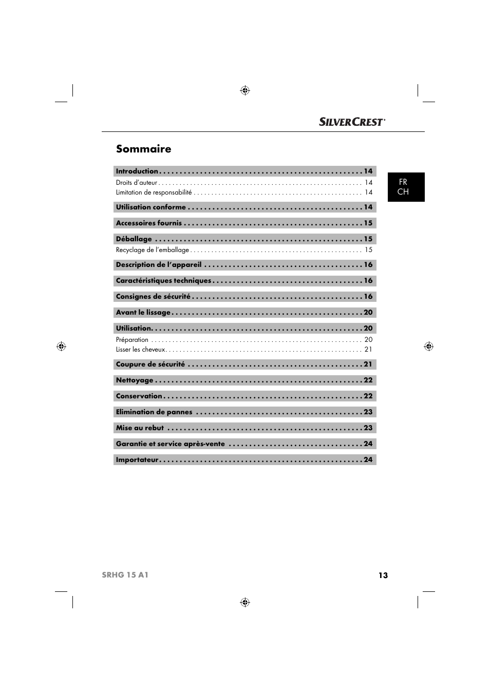 Sommaire, Fr ch | Silvercrest SRHG 15 A1 User Manual | Page 16 / 64