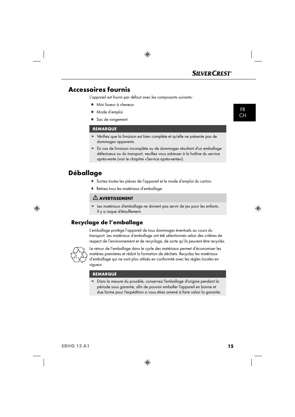 Accessoires fournis, Déballage, Recyclage de l’emballage | Fr ch | Silvercrest SRHG 15 A1 User Manual | Page 18 / 64