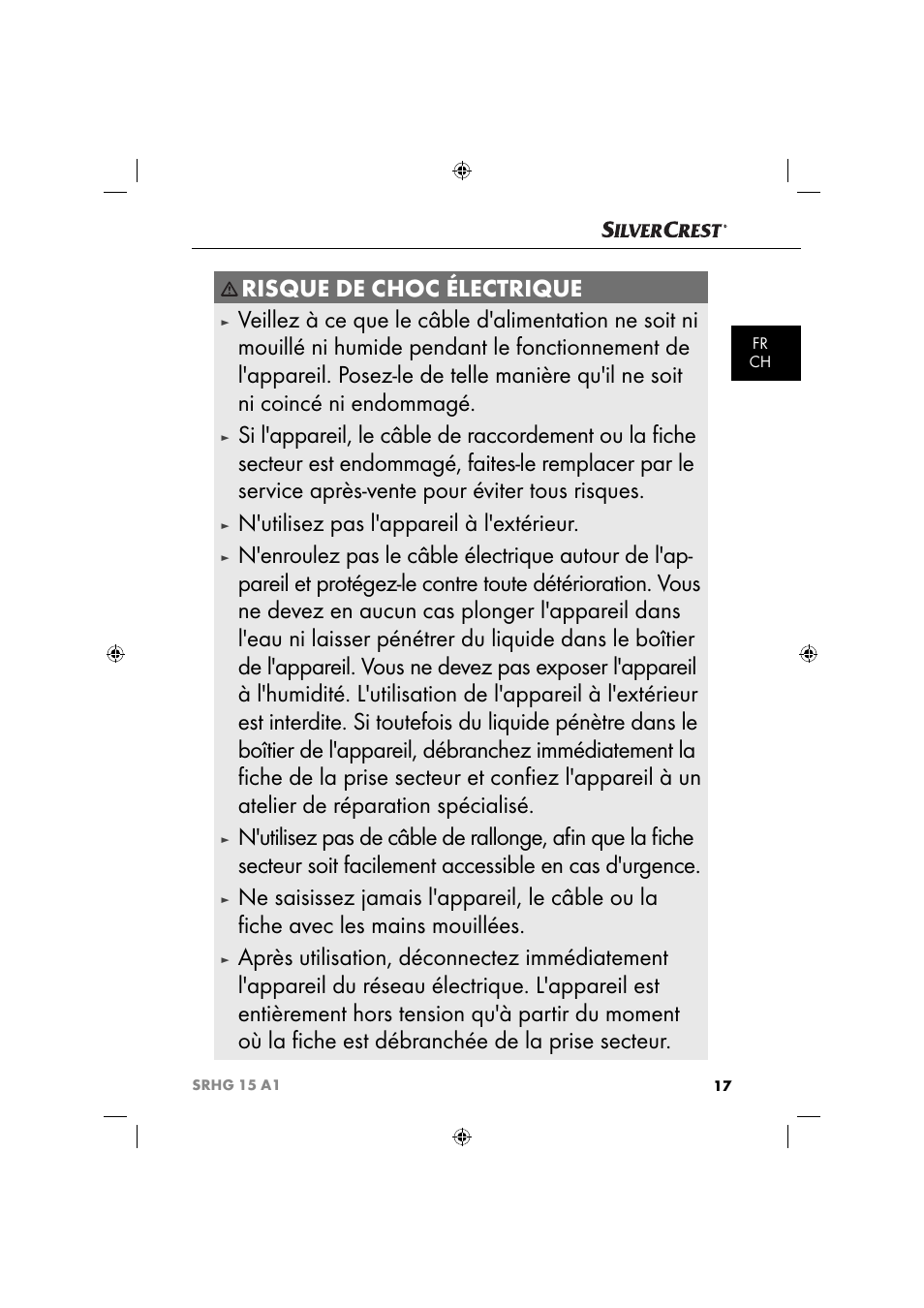 Risque de choc électrique, N'utilisez pas l'appareil à l'extérieur | Silvercrest SRHG 15 A1 User Manual | Page 20 / 64