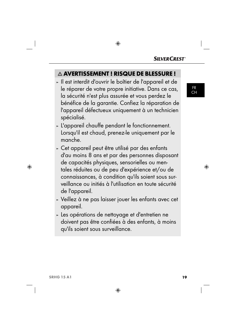 Avertissement ! risque de blessure | Silvercrest SRHG 15 A1 User Manual | Page 22 / 64