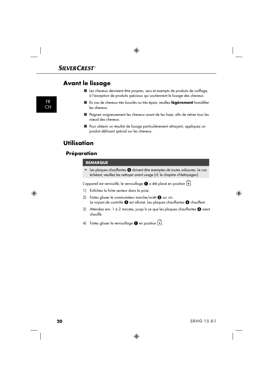 Avant le lissage, Utilisation, Préparation | Fr ch | Silvercrest SRHG 15 A1 User Manual | Page 23 / 64