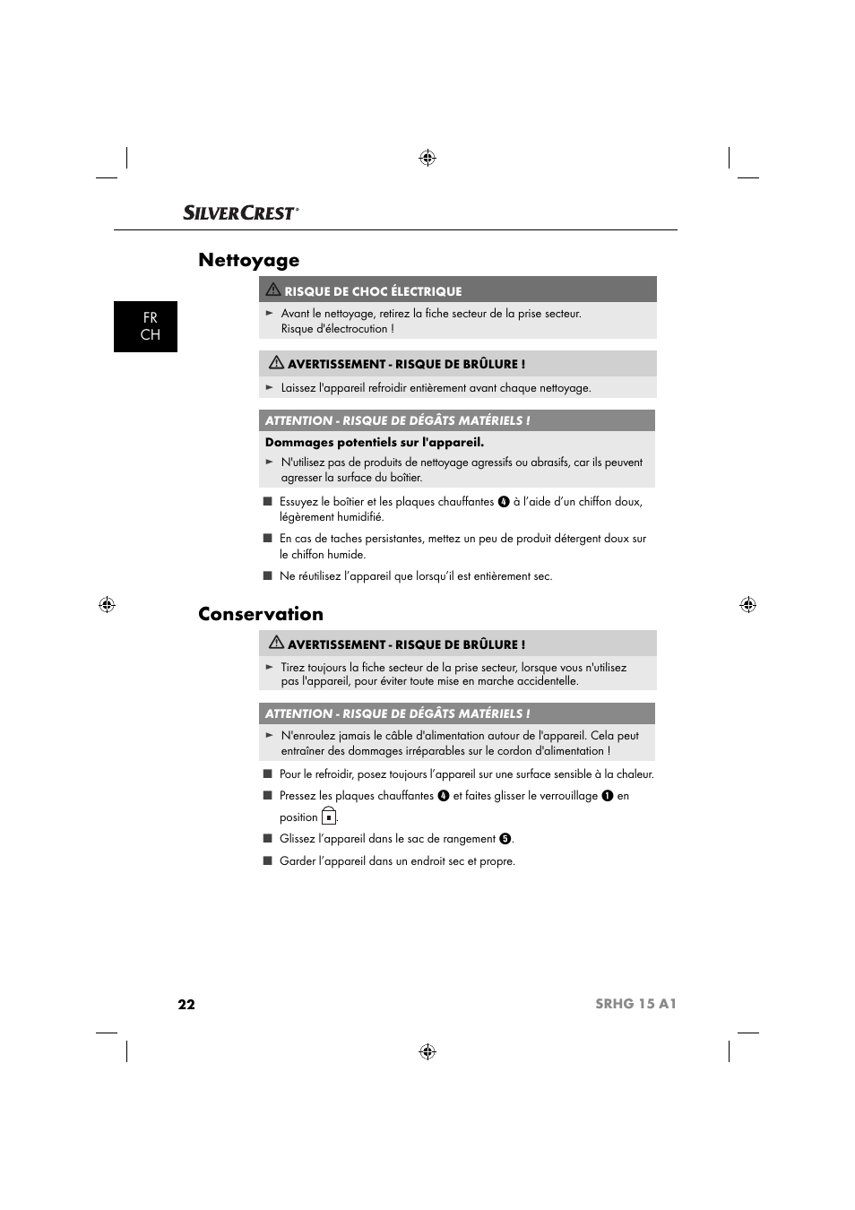 Nettoyage, Conservation, Fr ch | Silvercrest SRHG 15 A1 User Manual | Page 25 / 64