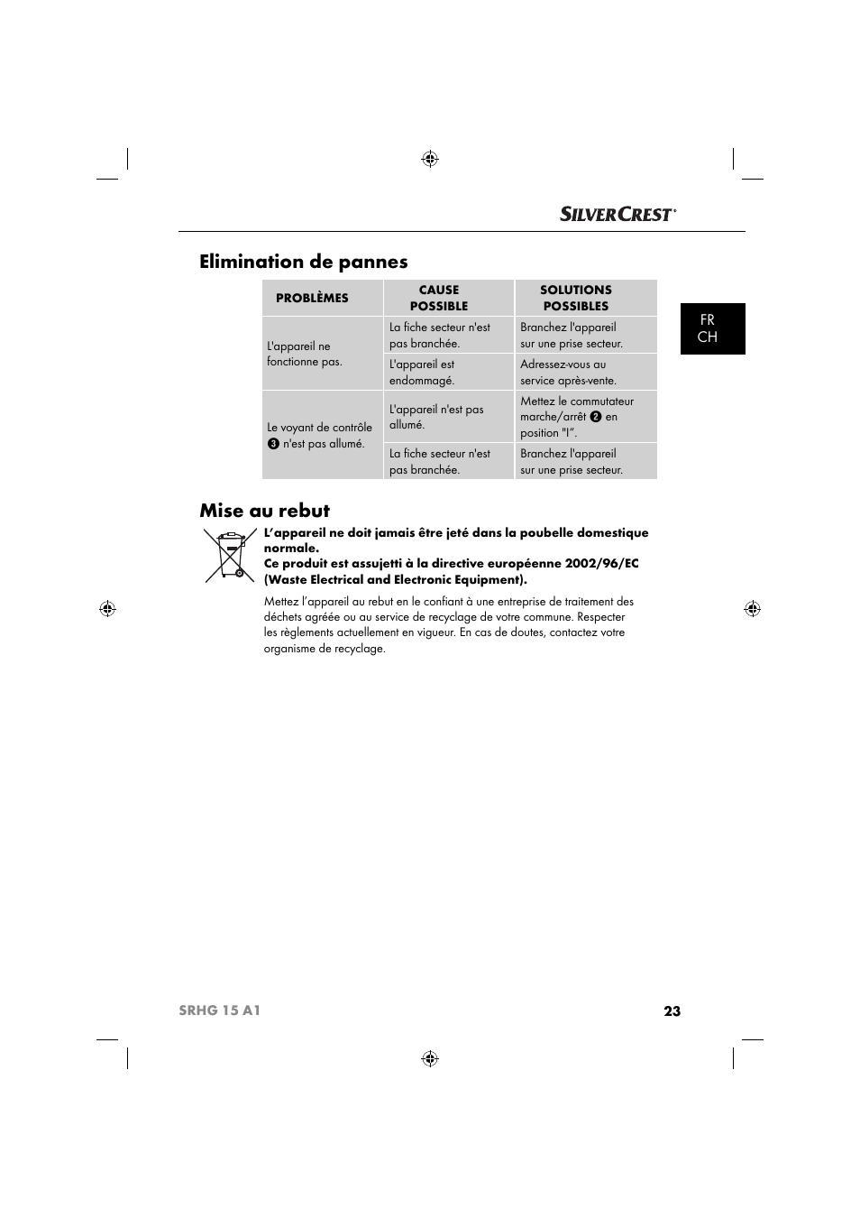 Elimination de pannes, Mise au rebut, Fr ch | Silvercrest SRHG 15 A1 User Manual | Page 26 / 64