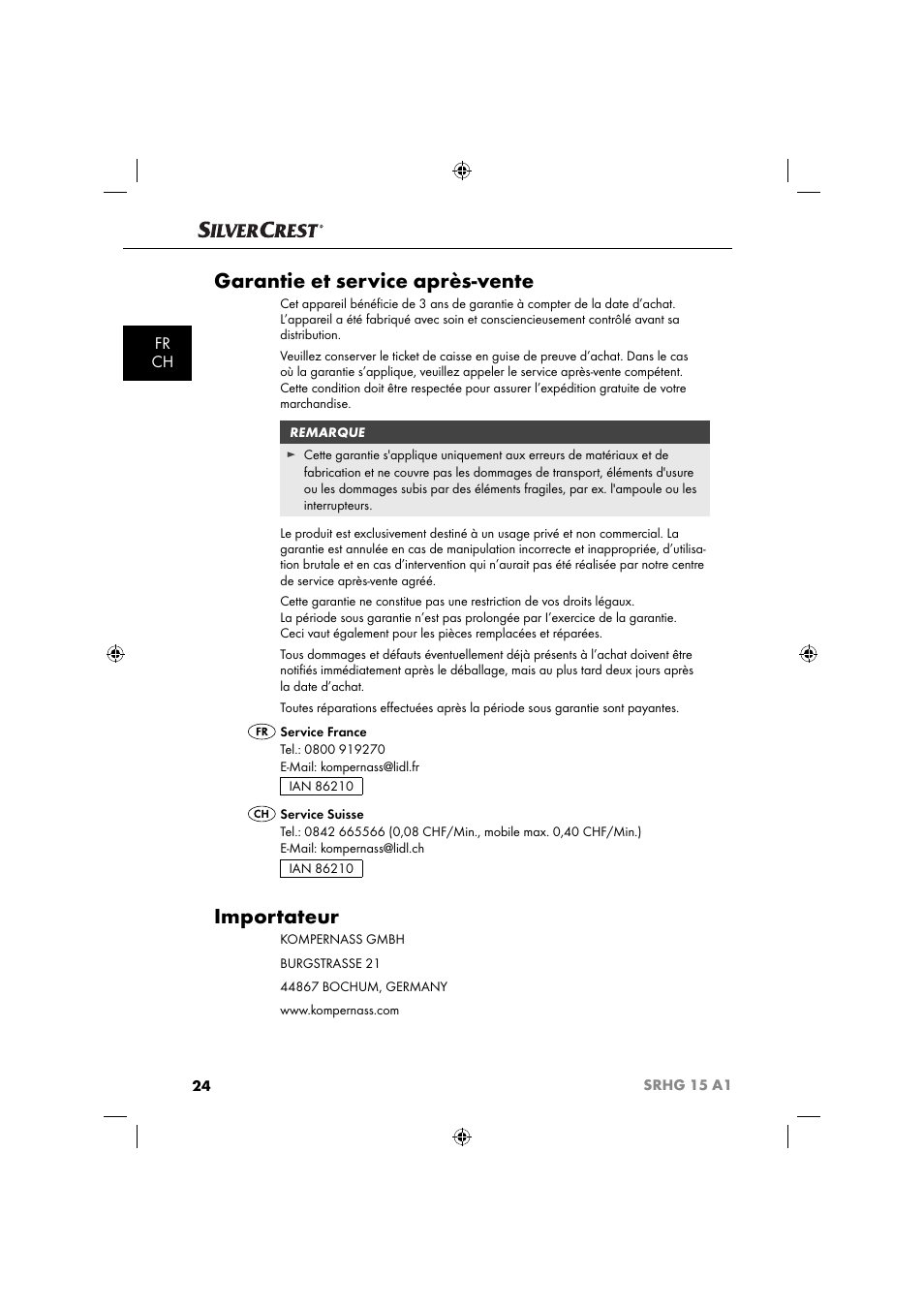 Garantie et service après-vente, Importateur, Fr ch | Silvercrest SRHG 15 A1 User Manual | Page 27 / 64