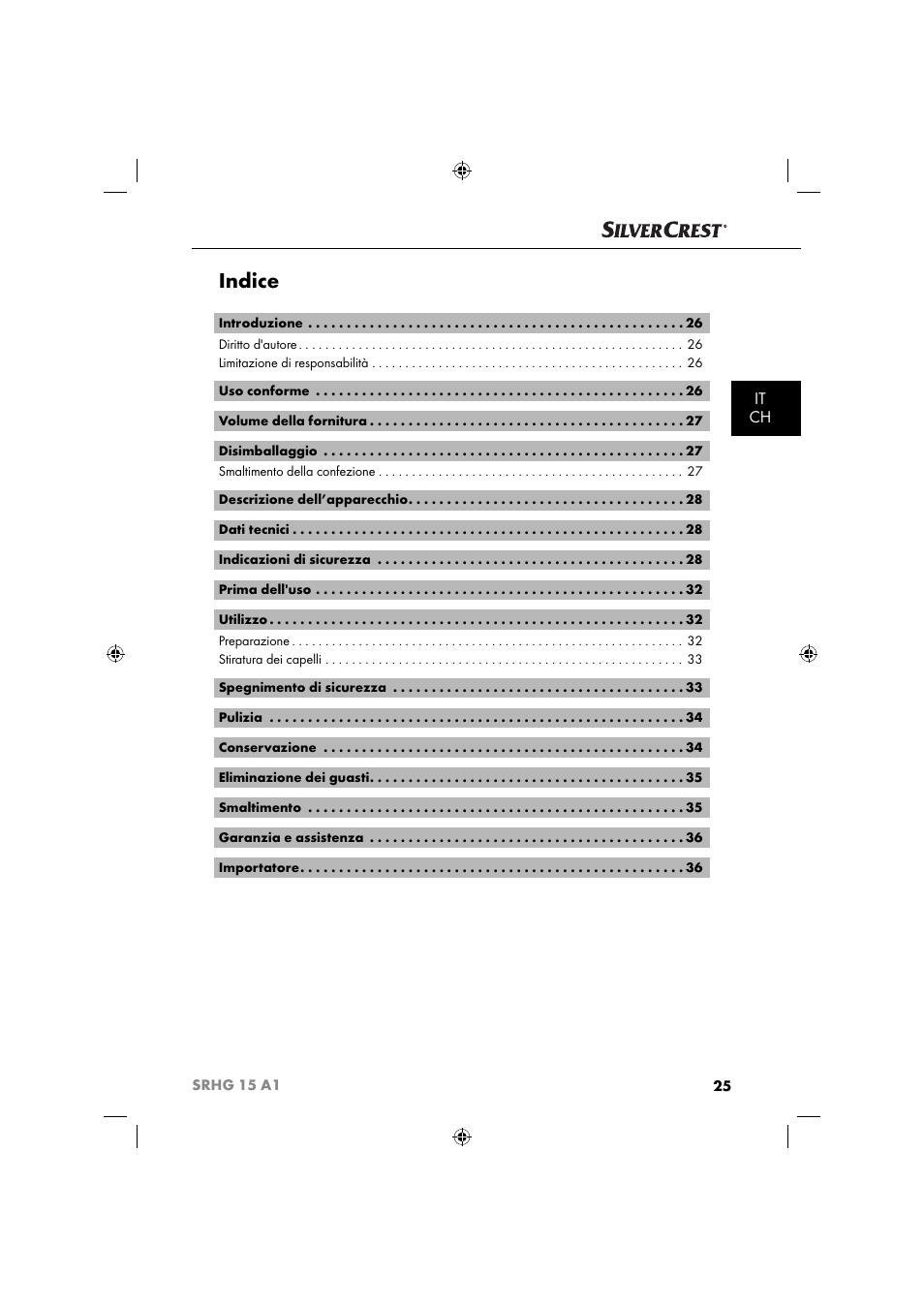 Indice, It ch | Silvercrest SRHG 15 A1 User Manual | Page 28 / 64