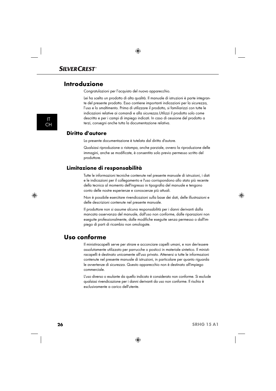 Introduzione, Uso conforme, Diritto d'autore | Limitazione di responsabilità, It ch | Silvercrest SRHG 15 A1 User Manual | Page 29 / 64