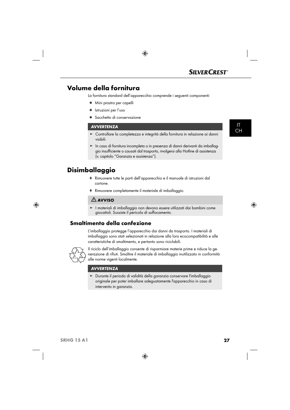 Volume della fornitura, Disimballaggio, Smaltimento della confezione | It ch | Silvercrest SRHG 15 A1 User Manual | Page 30 / 64