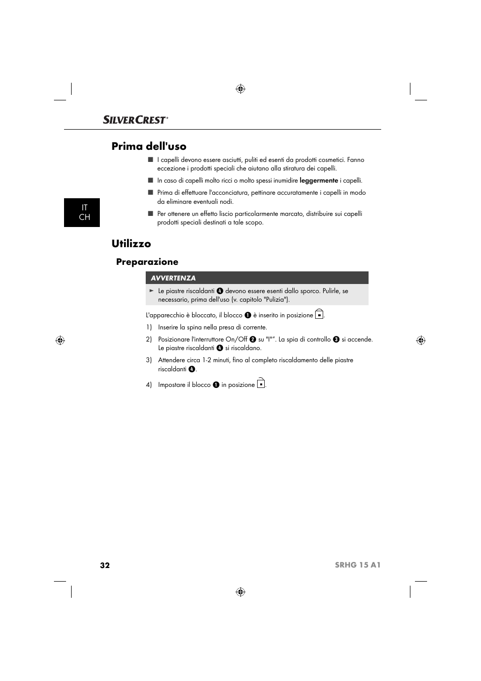 Prima dell'uso, Utilizzo, Preparazione | It ch | Silvercrest SRHG 15 A1 User Manual | Page 35 / 64