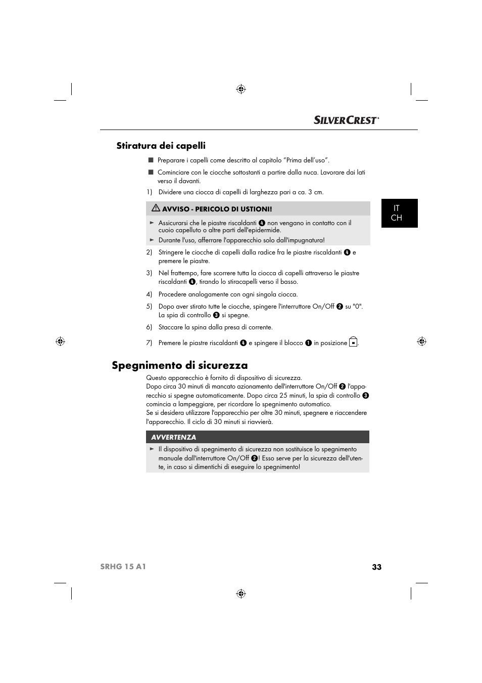 Spegnimento di sicurezza, Stiratura dei capelli, It ch | Silvercrest SRHG 15 A1 User Manual | Page 36 / 64