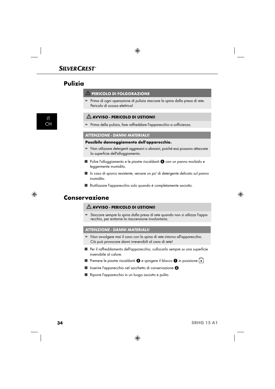 Pulizia, Conservazione, It ch | Silvercrest SRHG 15 A1 User Manual | Page 37 / 64