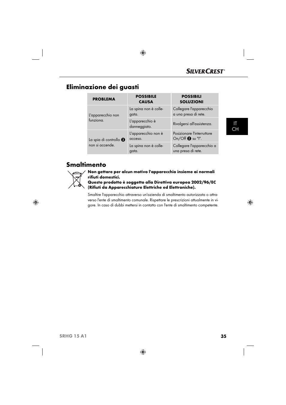 Eliminazione dei guasti, Smaltimento, It ch | Silvercrest SRHG 15 A1 User Manual | Page 38 / 64