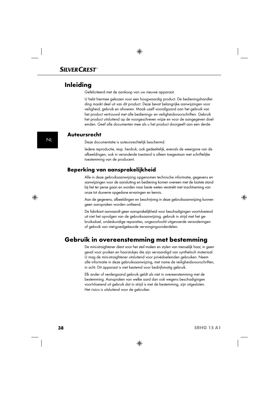 Inleiding, Gebruik in overeenstemming met bestemming, Auteursrecht | Beperking van aansprakelijkheid | Silvercrest SRHG 15 A1 User Manual | Page 41 / 64