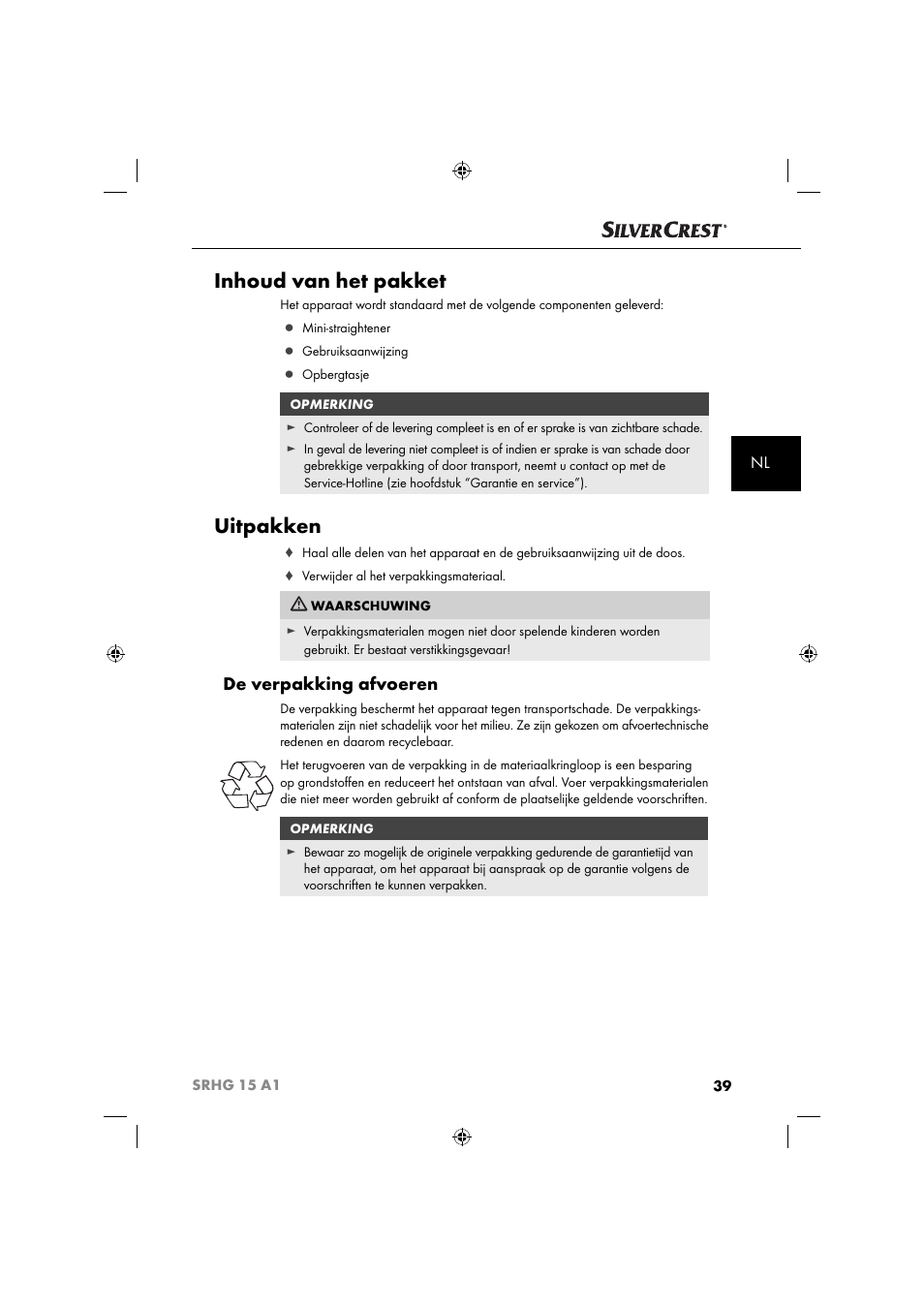 Inhoud van het pakket, Uitpakken, De verpakking afvoeren | Silvercrest SRHG 15 A1 User Manual | Page 42 / 64