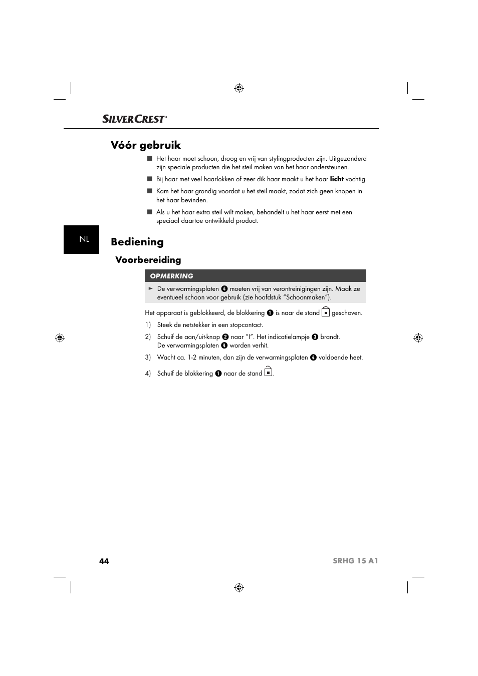 Vóór gebruik, Bediening, Voorbereiding | Silvercrest SRHG 15 A1 User Manual | Page 47 / 64