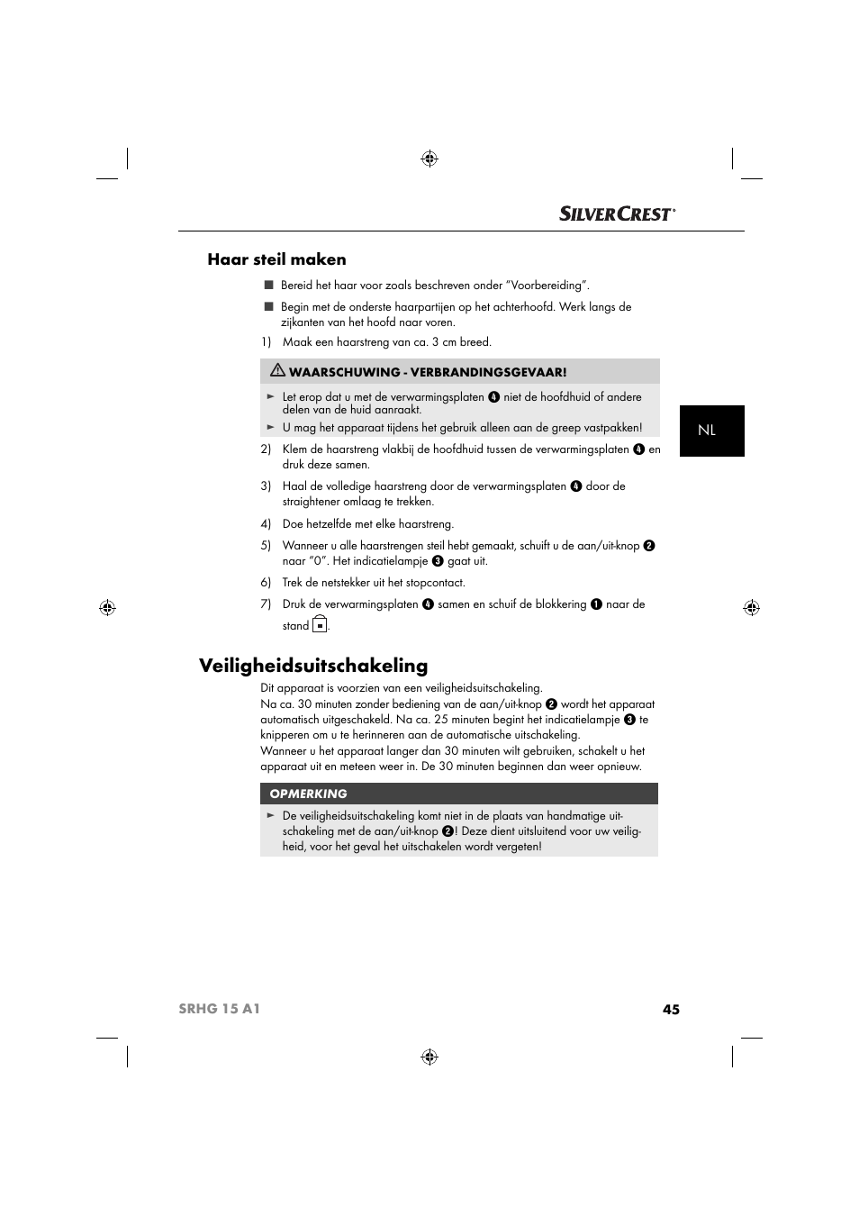 Veiligheidsuitschakeling, Haar steil maken | Silvercrest SRHG 15 A1 User Manual | Page 48 / 64