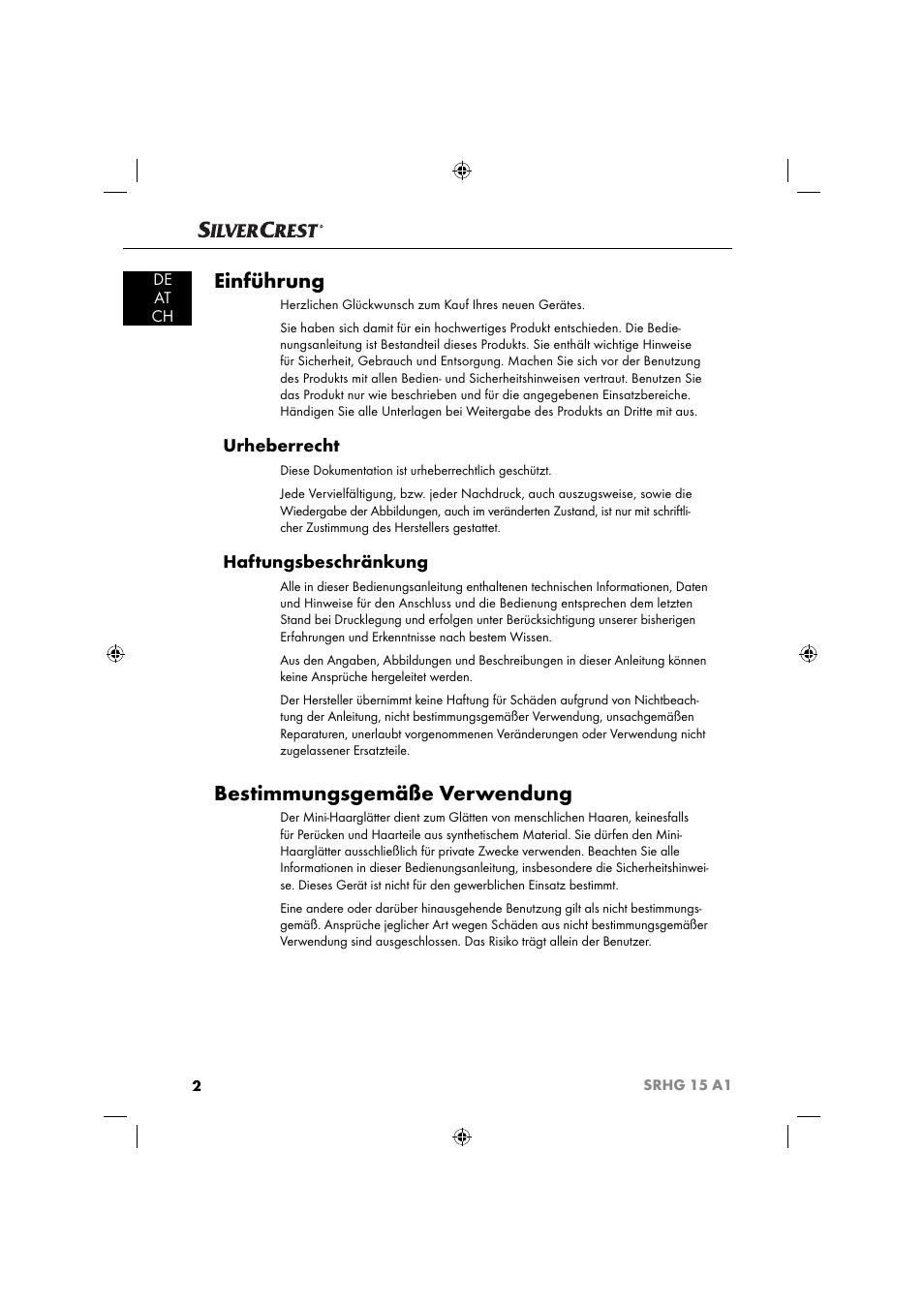 Einführung, Bestimmungsgemäße verwendung, Urheberrecht | Haftungsbeschränkung, De at ch | Silvercrest SRHG 15 A1 User Manual | Page 5 / 64