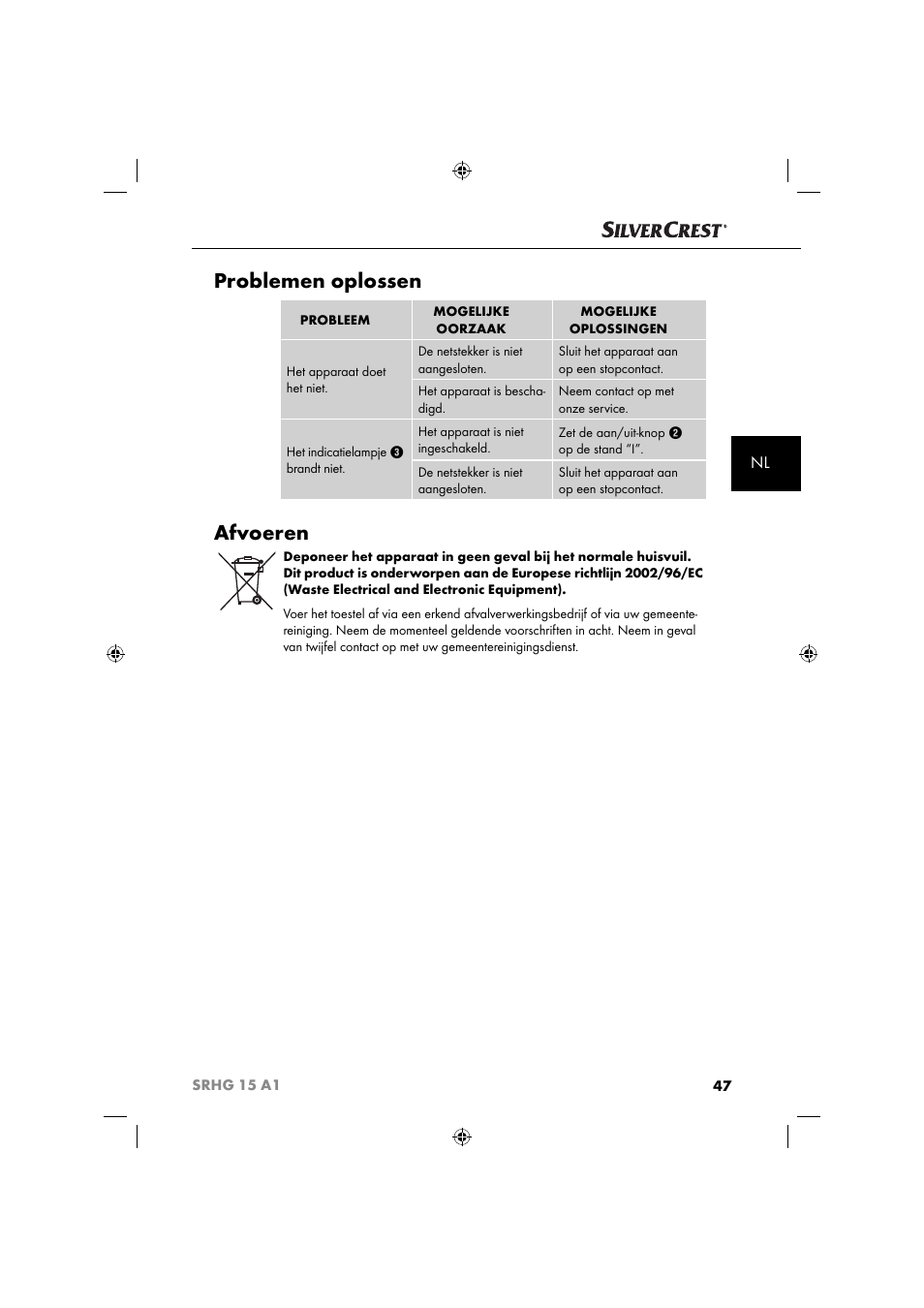 Problemen oplossen, Afvoeren | Silvercrest SRHG 15 A1 User Manual | Page 50 / 64