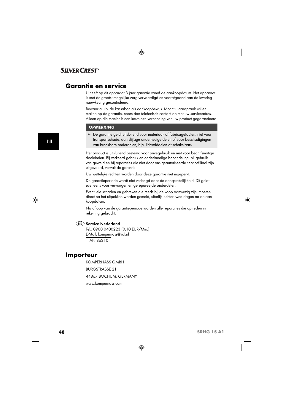 Garantie en service, Importeur | Silvercrest SRHG 15 A1 User Manual | Page 51 / 64