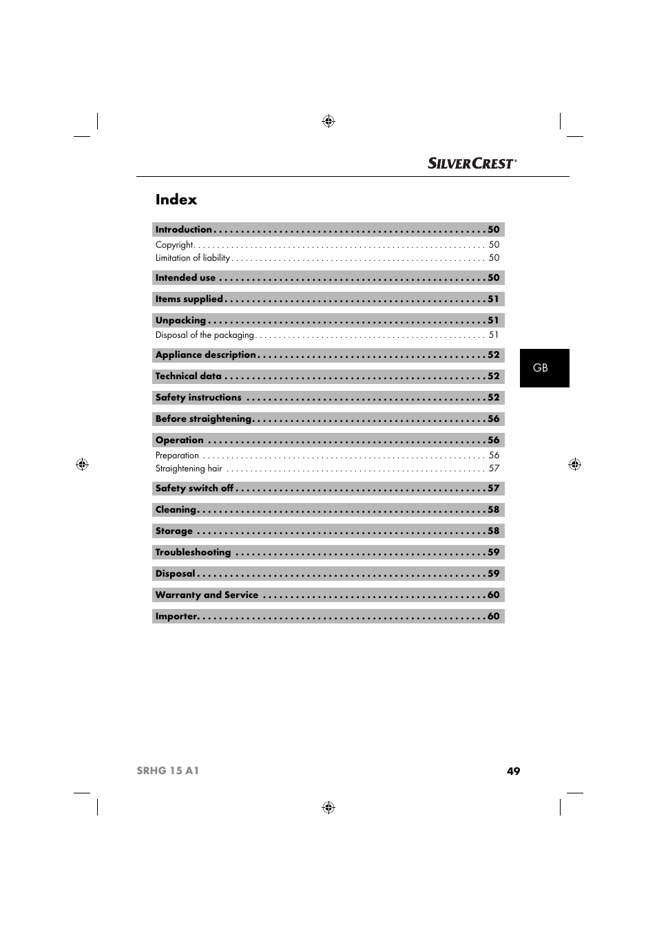 Index | Silvercrest SRHG 15 A1 User Manual | Page 52 / 64